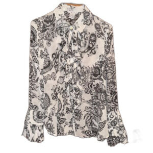 Cabi Sz small Black White paisley Blouse longsleeve button front ruffle pleats